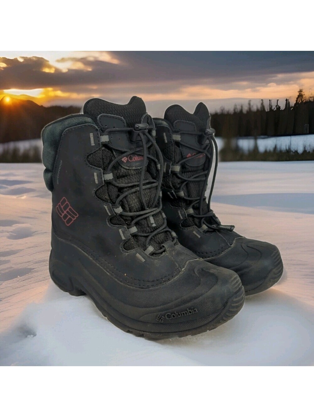 Columbia Bugaboot II Waterproof Snow Boots Youth Kids 5 Black Leather BY1317-010